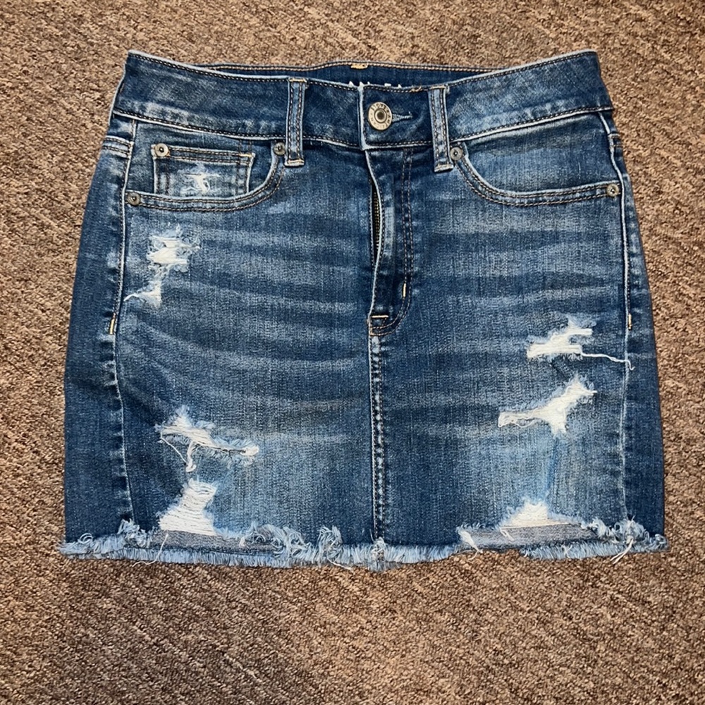 Super stretch denim frayed skirt